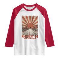 Highway 66 Main Street of America Sunset Horizon Raglan Shirt Centennial 1926-2026 Retro Desert Sunburst Graphic