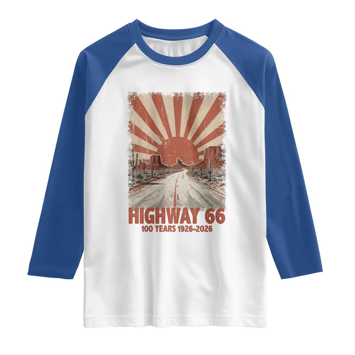 Highway 66 Main Street of America Sunset Horizon Raglan Shirt Centennial 1926-2026 Retro Desert Sunburst Graphic