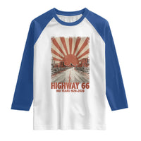 Highway 66 Main Street of America Sunset Horizon Raglan Shirt Centennial 1926-2026 Retro Desert Sunburst Graphic