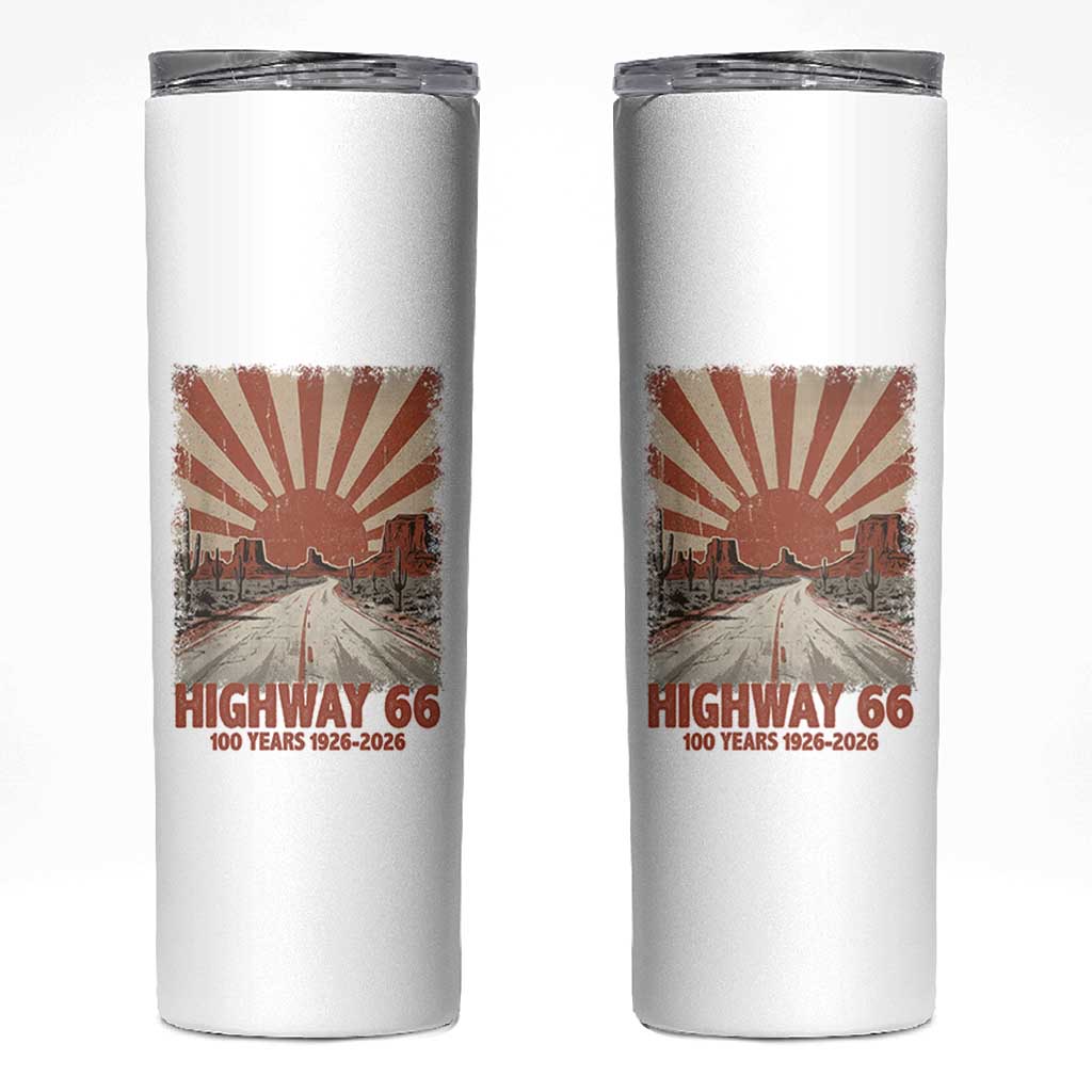 Highway 66 Main Street of America Sunset Horizon Skinny Tumbler Centennial 1926-2026 Retro Desert Sunburst Graphic