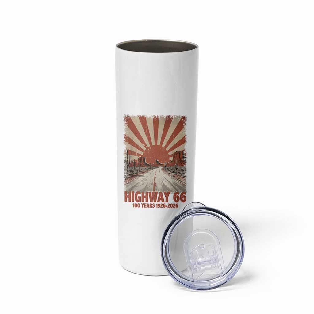 Highway 66 Main Street of America Sunset Horizon Skinny Tumbler Centennial 1926-2026 Retro Desert Sunburst Graphic
