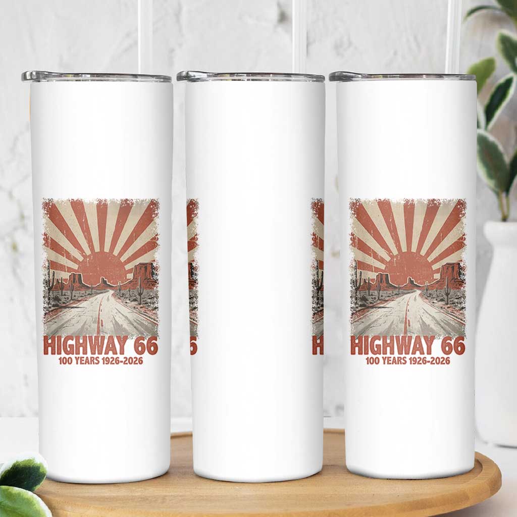 Highway 66 Main Street of America Sunset Horizon Skinny Tumbler Centennial 1926-2026 Retro Desert Sunburst Graphic