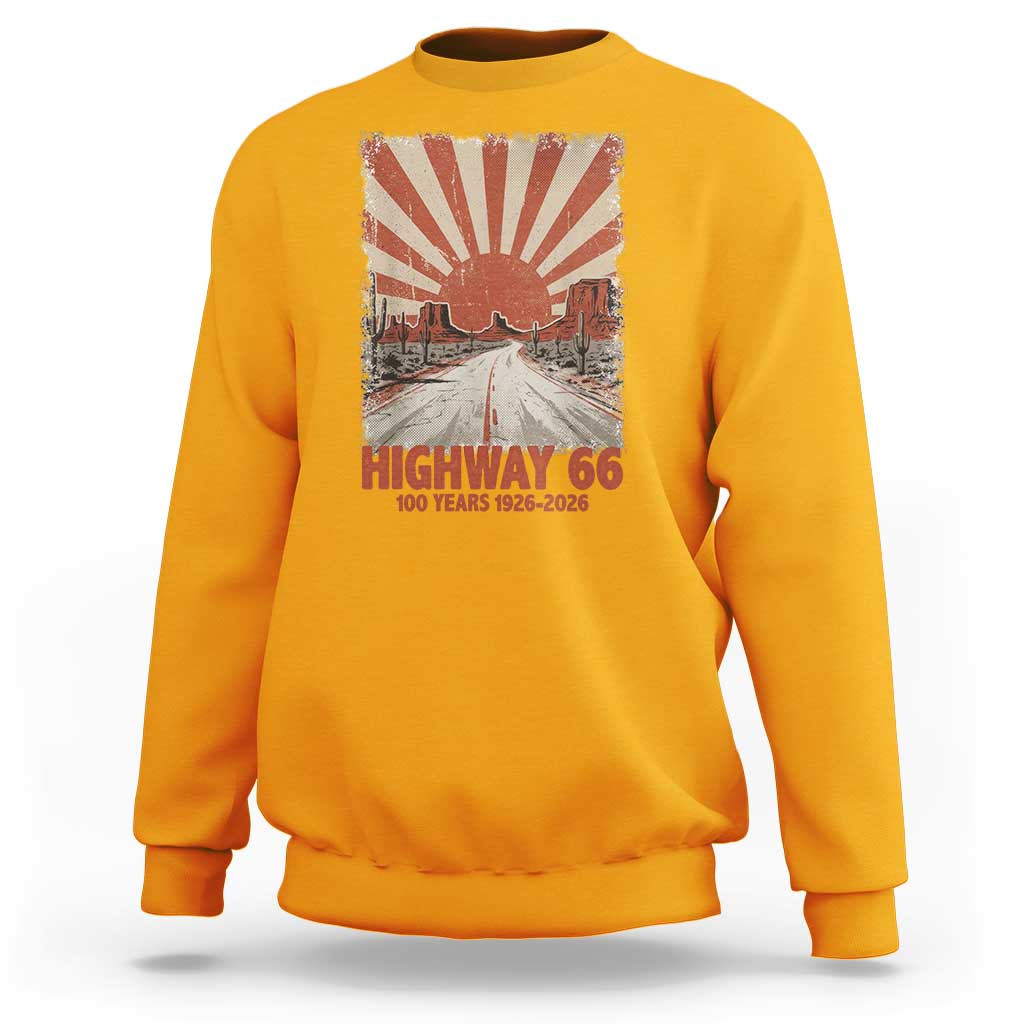 Highway 66 Main Street of America Sunset Horizon Sweatshirt Centennial 1926-2026 Retro Desert Sunburst Graphic