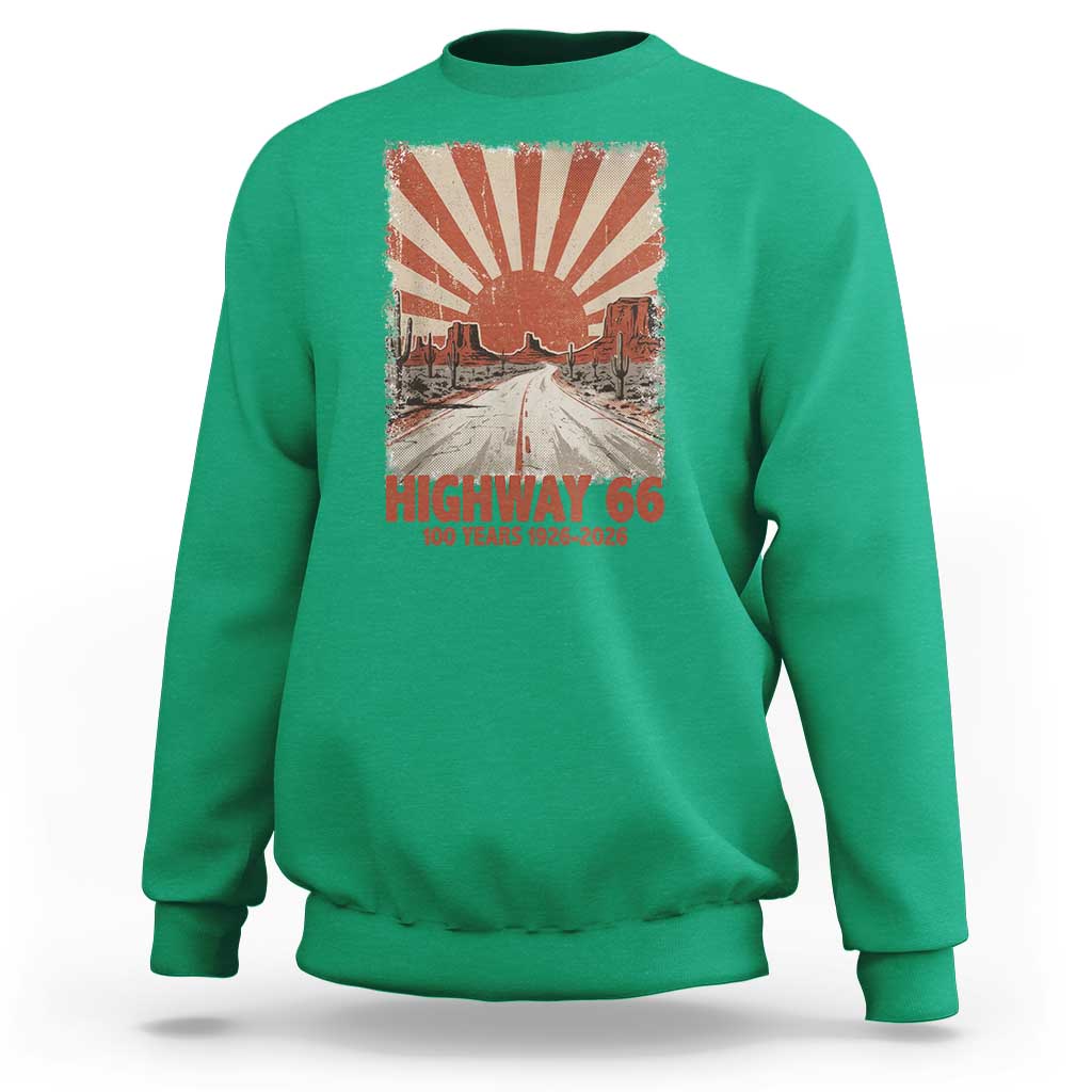 Highway 66 Main Street of America Sunset Horizon Sweatshirt Centennial 1926-2026 Retro Desert Sunburst Graphic