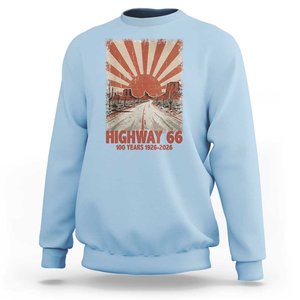Highway 66 Main Street of America Sunset Horizon Sweatshirt Centennial 1926-2026 Retro Desert Sunburst Graphic
