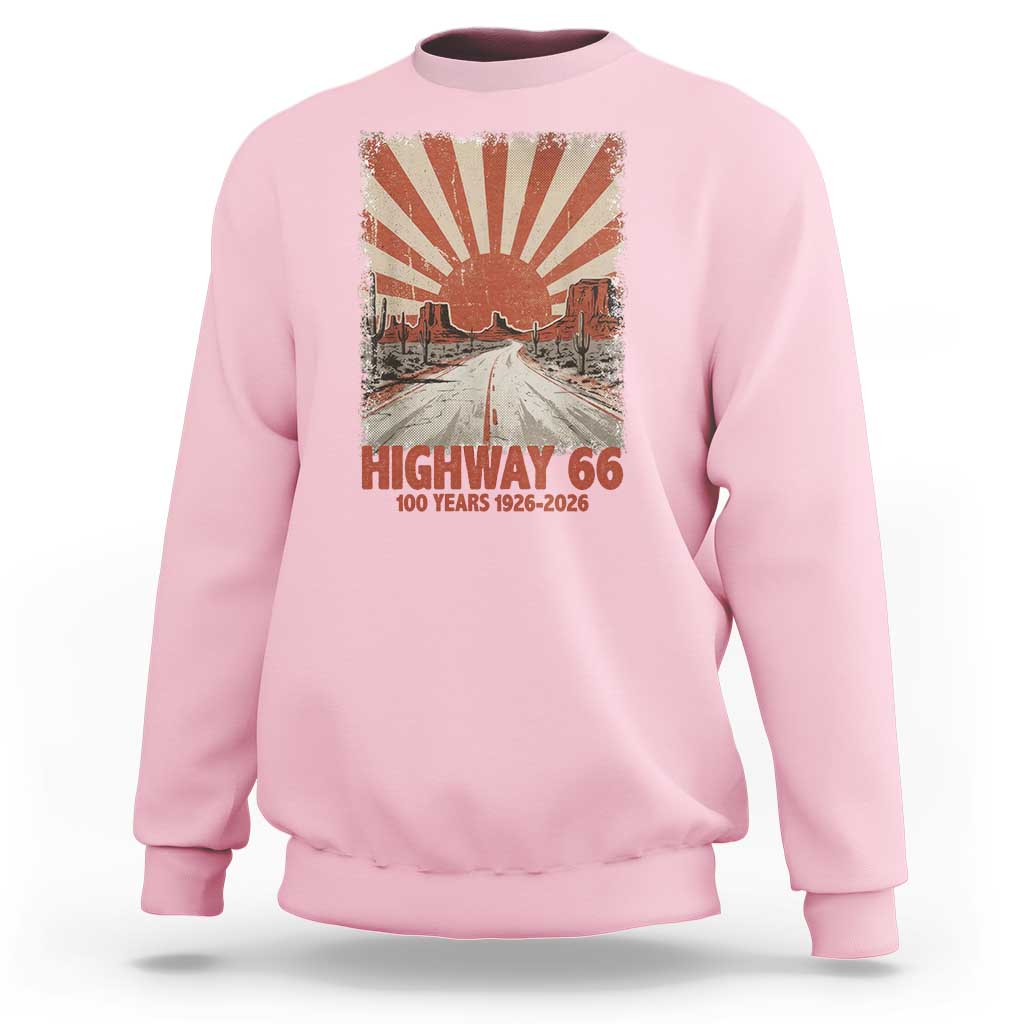 Highway 66 Main Street of America Sunset Horizon Sweatshirt Centennial 1926-2026 Retro Desert Sunburst Graphic