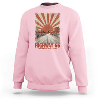 Highway 66 Main Street of America Sunset Horizon Sweatshirt Centennial 1926-2026 Retro Desert Sunburst Graphic