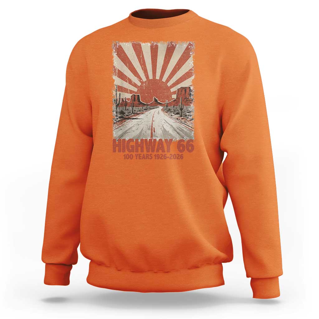 Highway 66 Main Street of America Sunset Horizon Sweatshirt Centennial 1926-2026 Retro Desert Sunburst Graphic