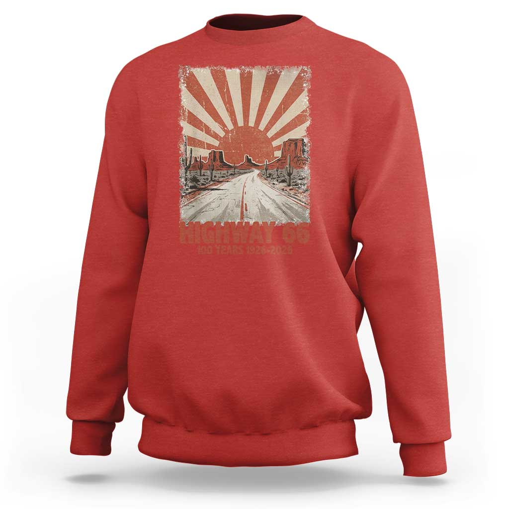 Highway 66 Main Street of America Sunset Horizon Sweatshirt Centennial 1926-2026 Retro Desert Sunburst Graphic