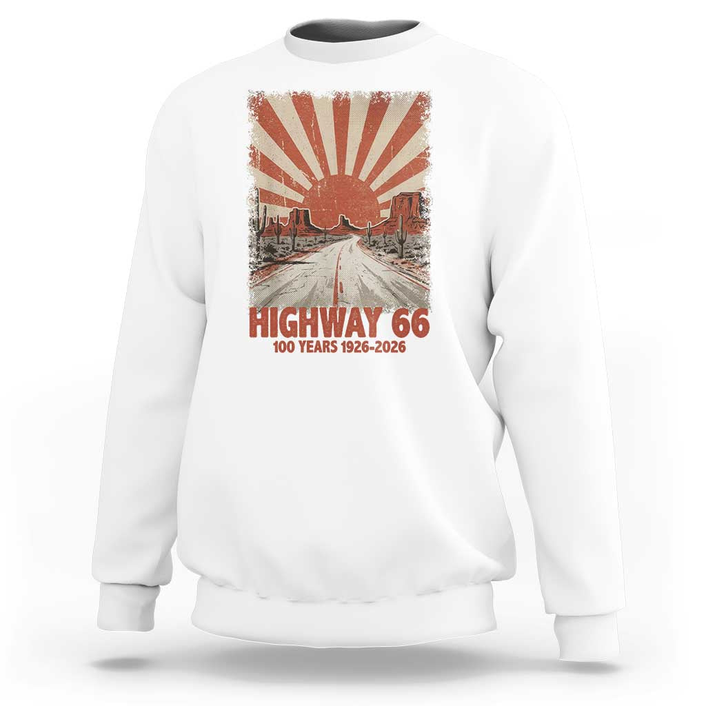 Highway 66 Main Street of America Sunset Horizon Sweatshirt Centennial 1926-2026 Retro Desert Sunburst Graphic