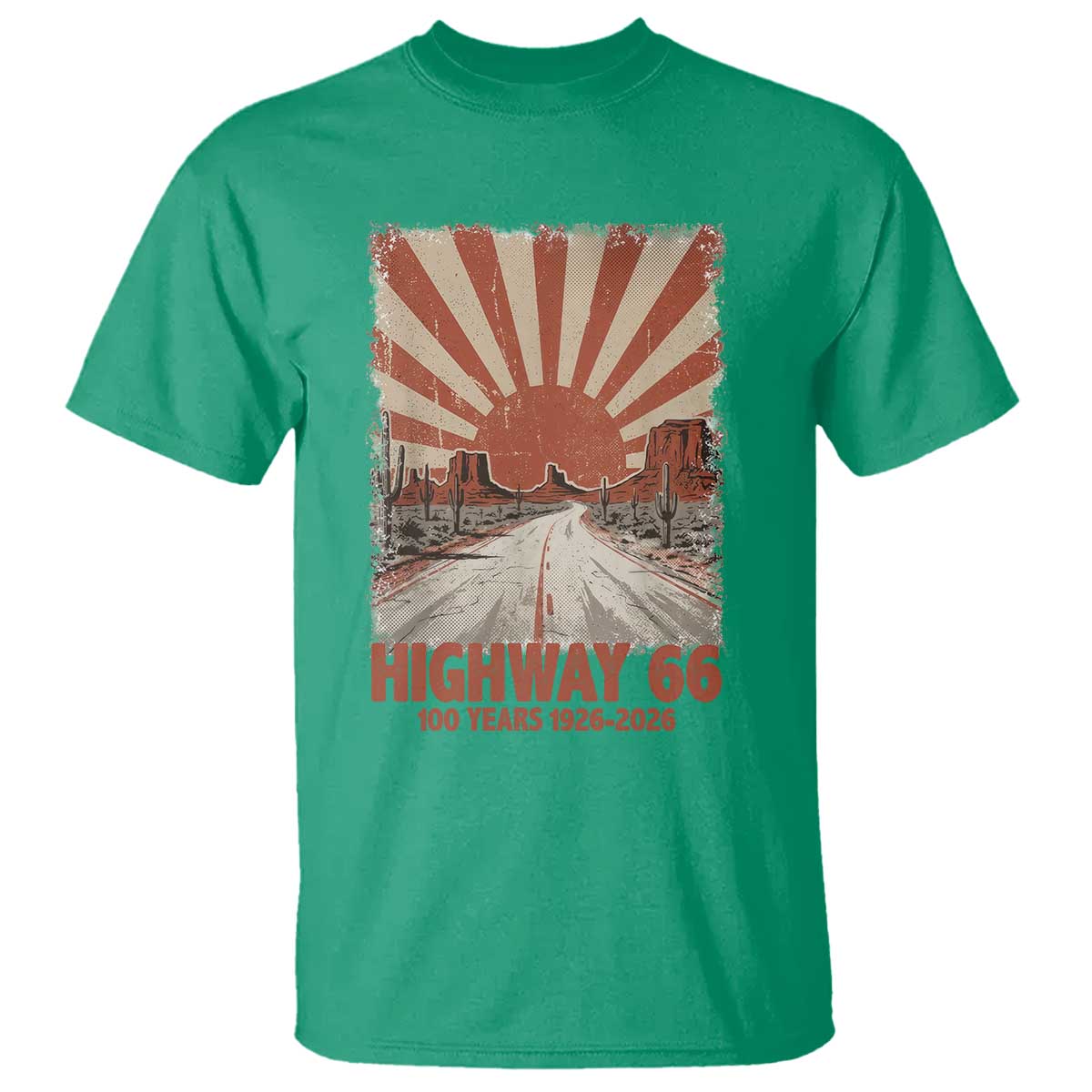 Highway 66 Main Street of America Sunset Horizon T Shirt Centennial 1926-2026 Retro Desert Sunburst Graphic