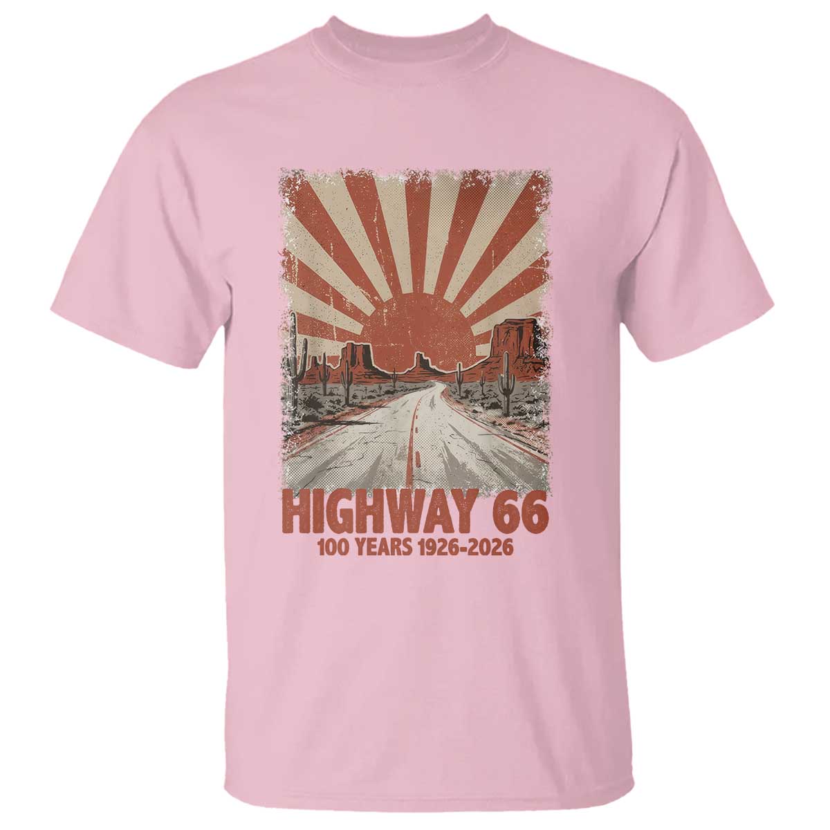 Highway 66 Main Street of America Sunset Horizon T Shirt Centennial 1926-2026 Retro Desert Sunburst Graphic