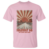 Highway 66 Main Street of America Sunset Horizon T Shirt Centennial 1926-2026 Retro Desert Sunburst Graphic