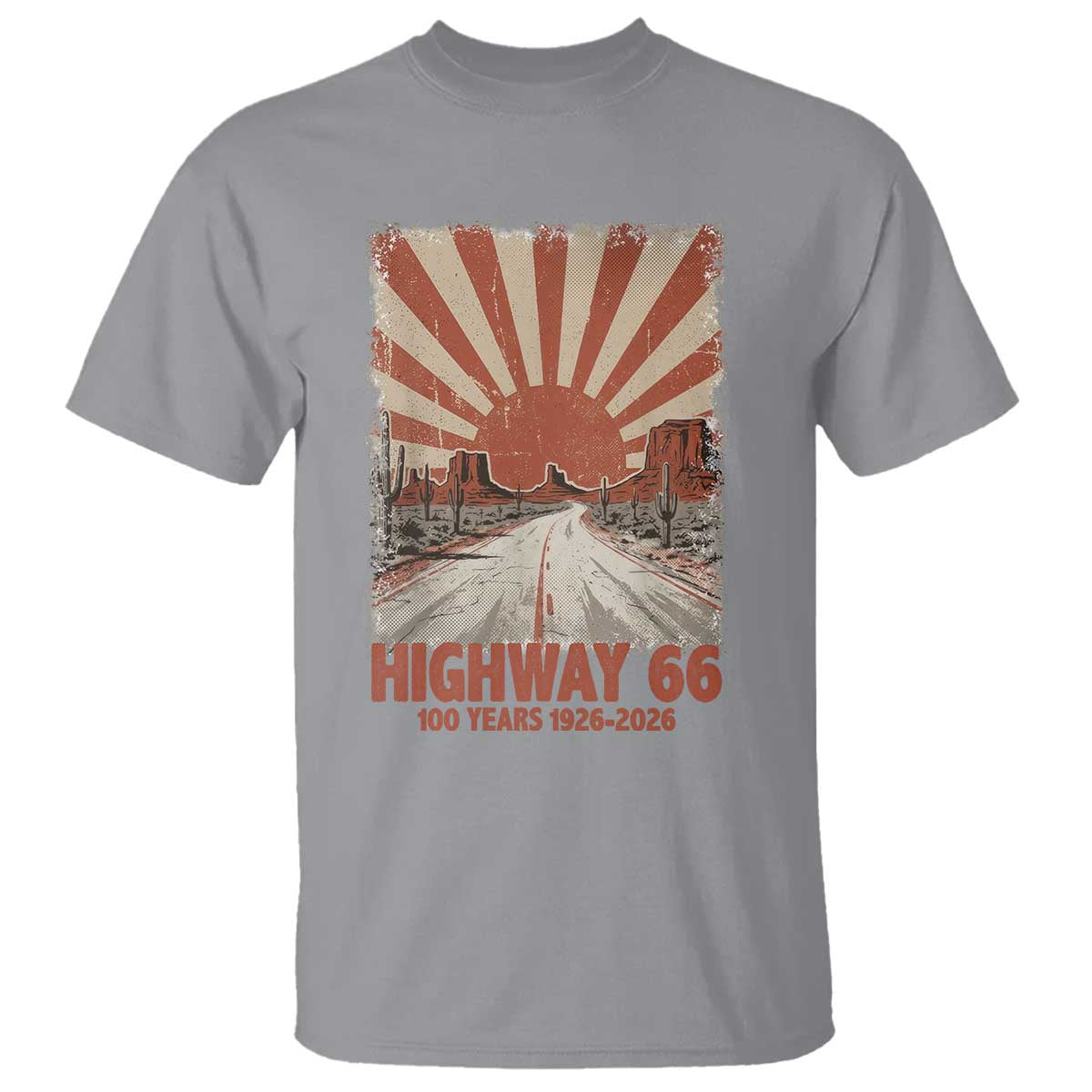 Highway 66 Main Street of America Sunset Horizon T Shirt Centennial 1926-2026 Retro Desert Sunburst Graphic