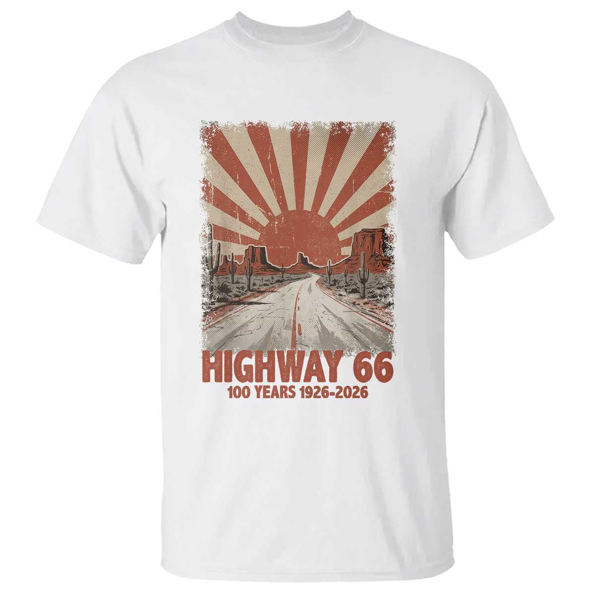 Highway 66 Main Street of America Sunset Horizon T Shirt Centennial 1926-2026 Retro Desert Sunburst Graphic