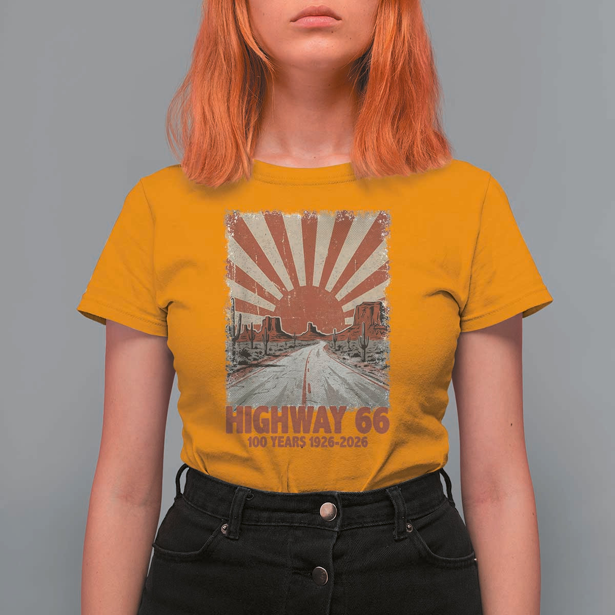 Highway 66 Main Street of America Sunset Horizon T Shirt For Women Centennial 1926-2026 Retro Desert Sunburst Graphic