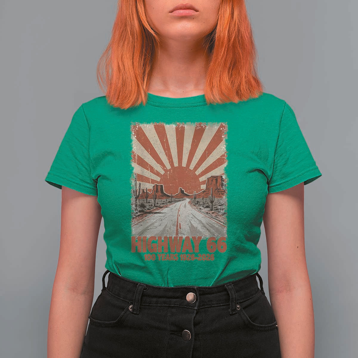 Highway 66 Main Street of America Sunset Horizon T Shirt For Women Centennial 1926-2026 Retro Desert Sunburst Graphic