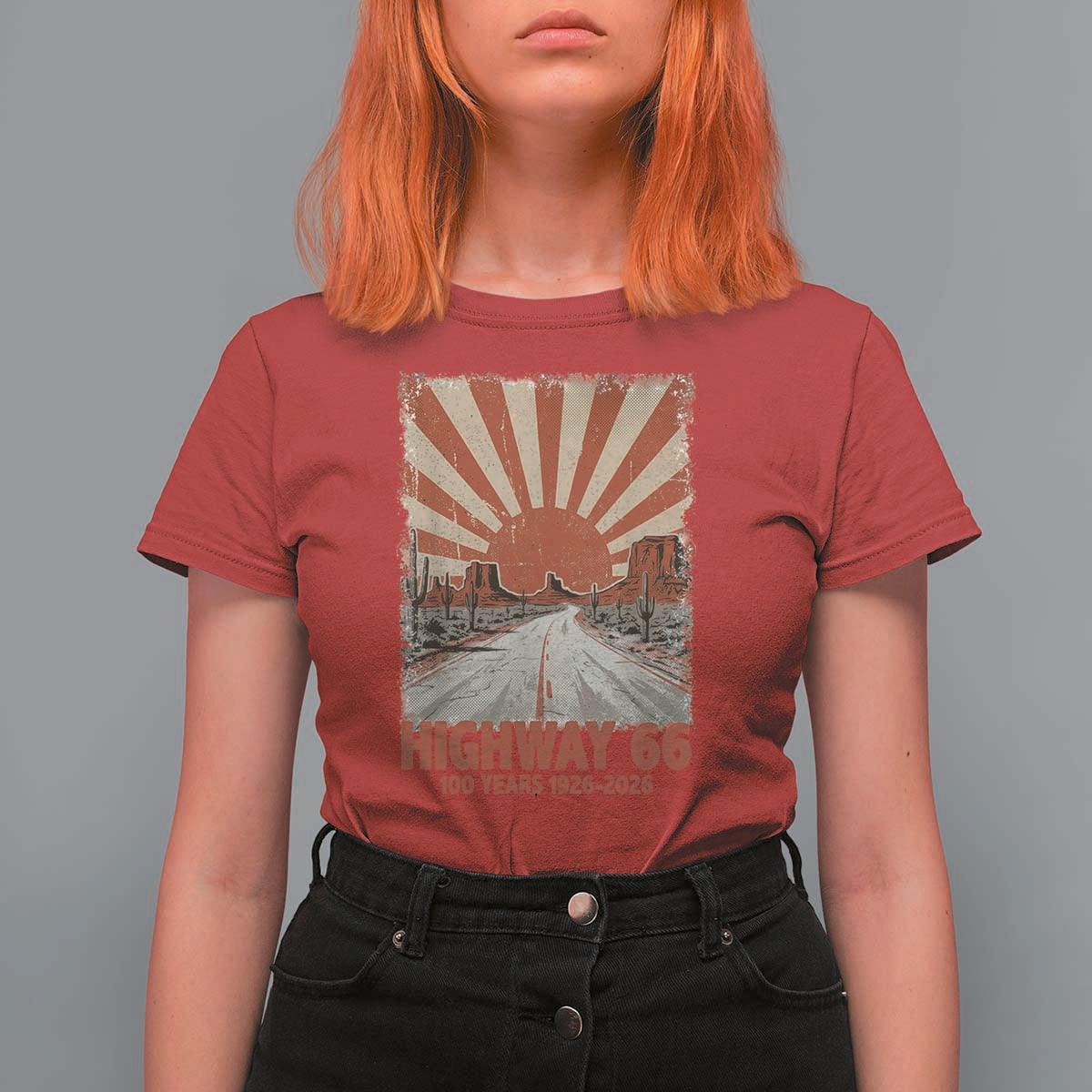 Highway 66 Main Street of America Sunset Horizon T Shirt For Women Centennial 1926-2026 Retro Desert Sunburst Graphic