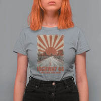 Highway 66 Main Street of America Sunset Horizon T Shirt For Women Centennial 1926-2026 Retro Desert Sunburst Graphic
