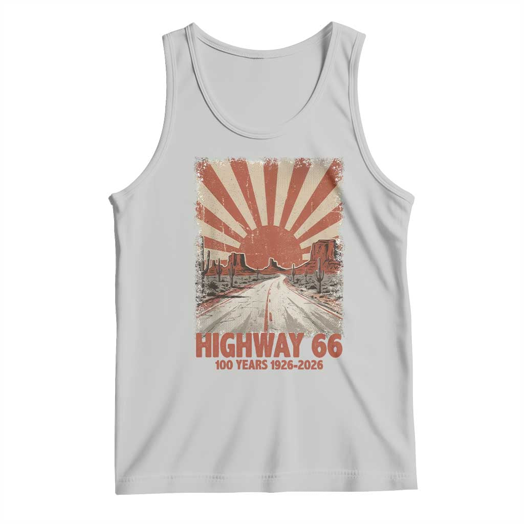 Highway 66 Main Street of America Sunset Horizon Tank Top Centennial 1926-2026 Retro Desert Sunburst Graphic