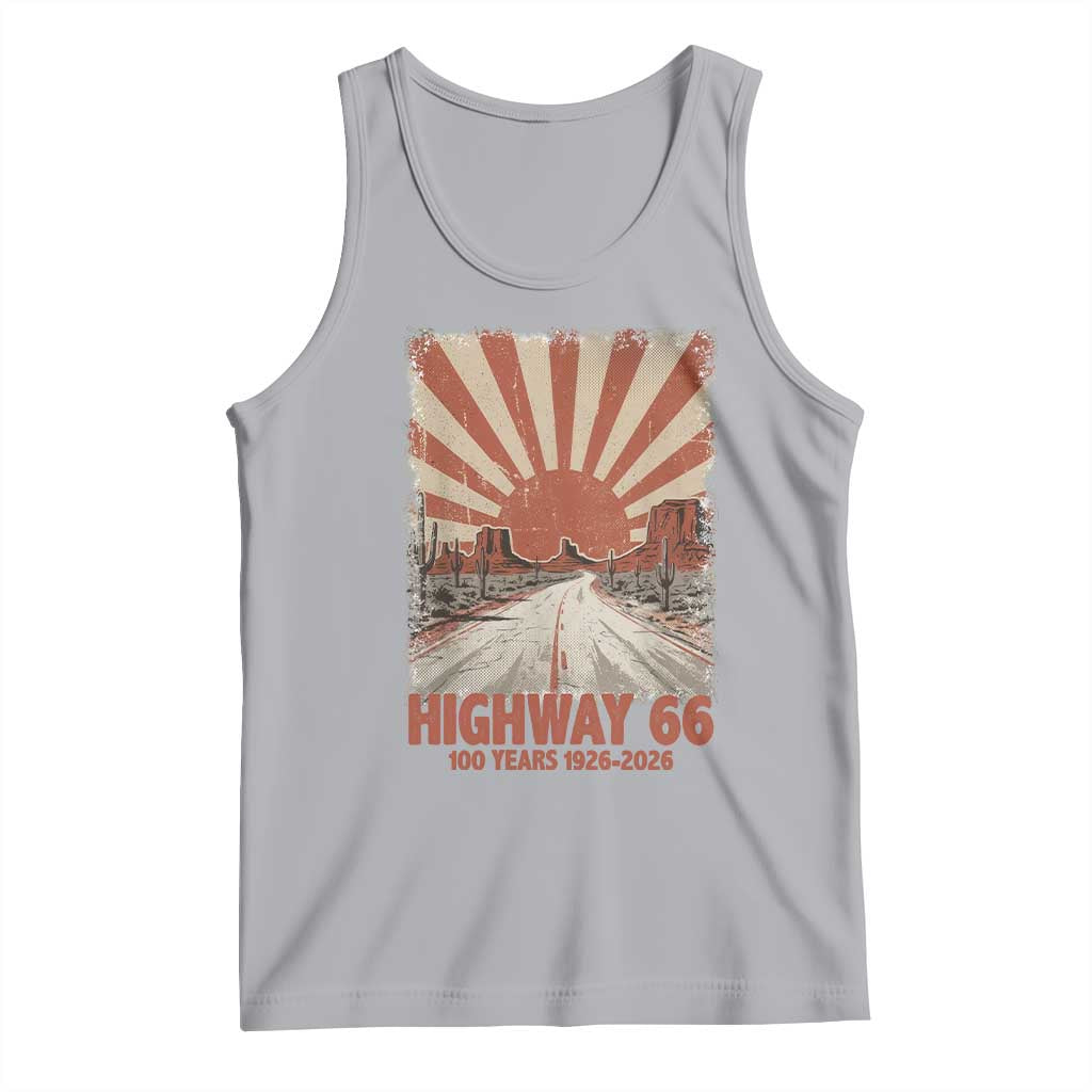 Highway 66 Main Street of America Sunset Horizon Tank Top Centennial 1926-2026 Retro Desert Sunburst Graphic