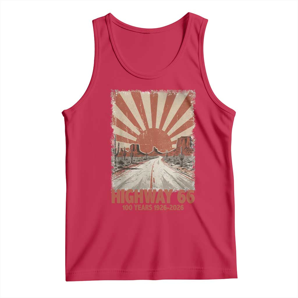 Highway 66 Main Street of America Sunset Horizon Tank Top Centennial 1926-2026 Retro Desert Sunburst Graphic
