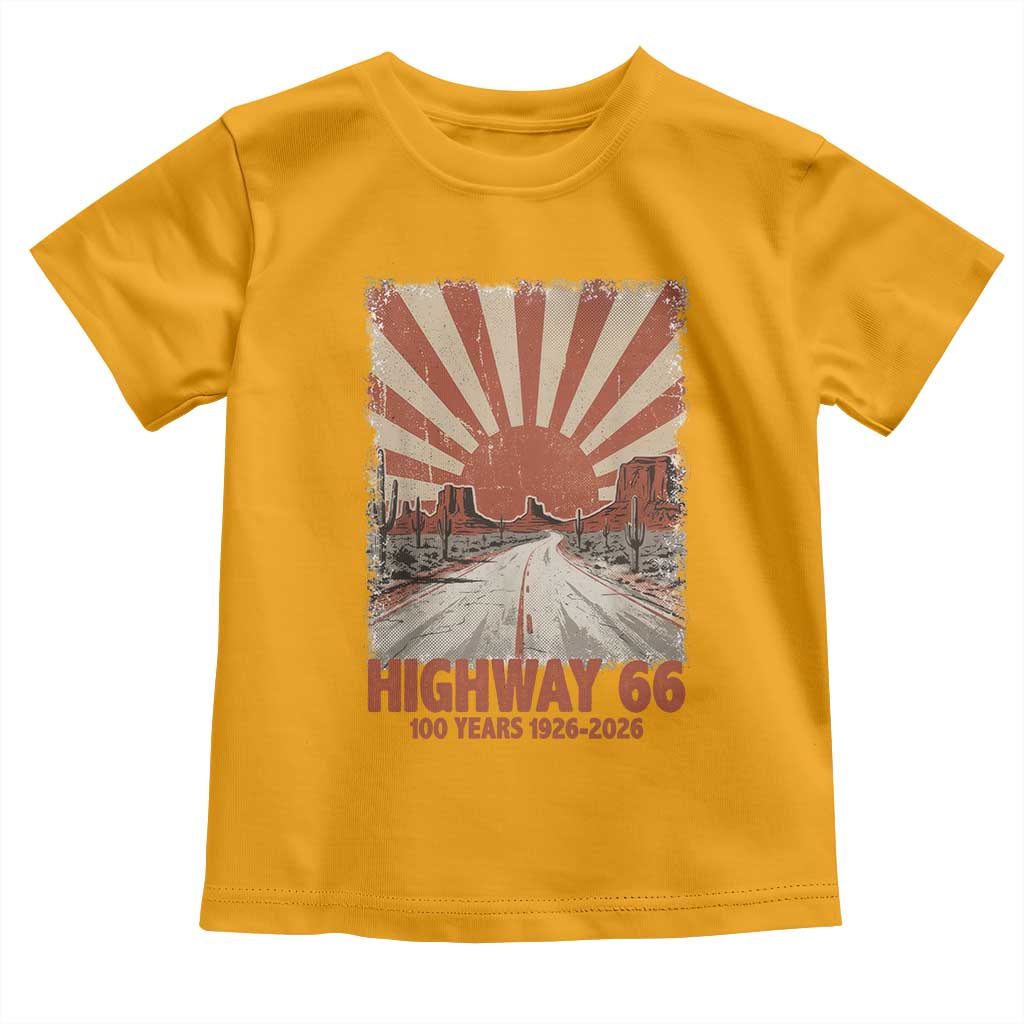 Highway 66 Main Street of America Sunset Horizon Toddler T Shirt Centennial 1926-2026 Retro Desert Sunburst Graphic