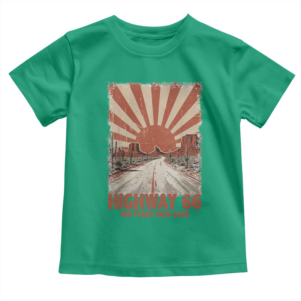 Highway 66 Main Street of America Sunset Horizon Toddler T Shirt Centennial 1926-2026 Retro Desert Sunburst Graphic
