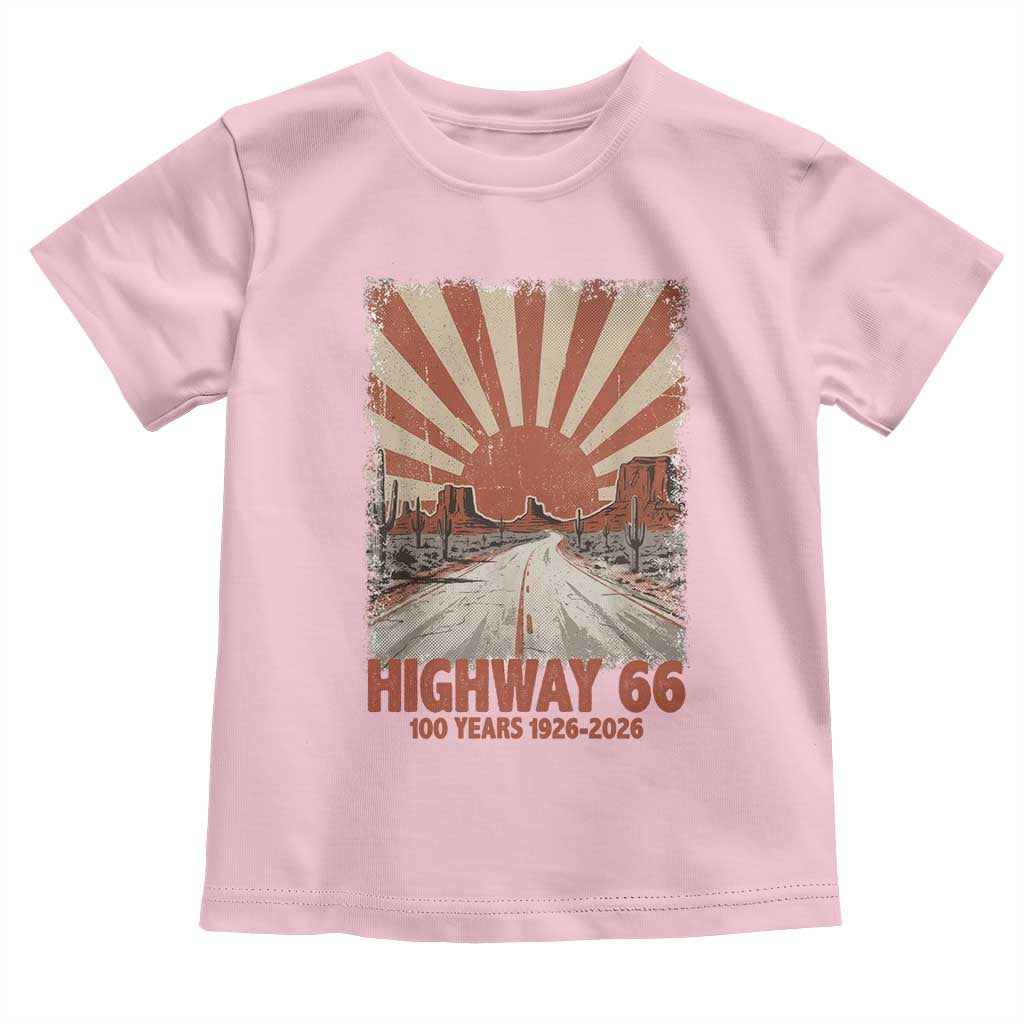 Highway 66 Main Street of America Sunset Horizon Toddler T Shirt Centennial 1926-2026 Retro Desert Sunburst Graphic