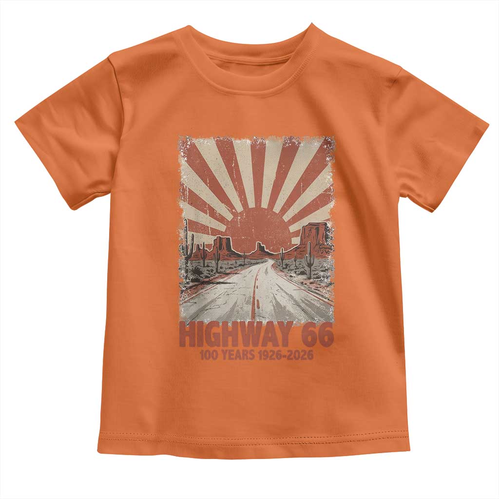 Highway 66 Main Street of America Sunset Horizon Toddler T Shirt Centennial 1926-2026 Retro Desert Sunburst Graphic