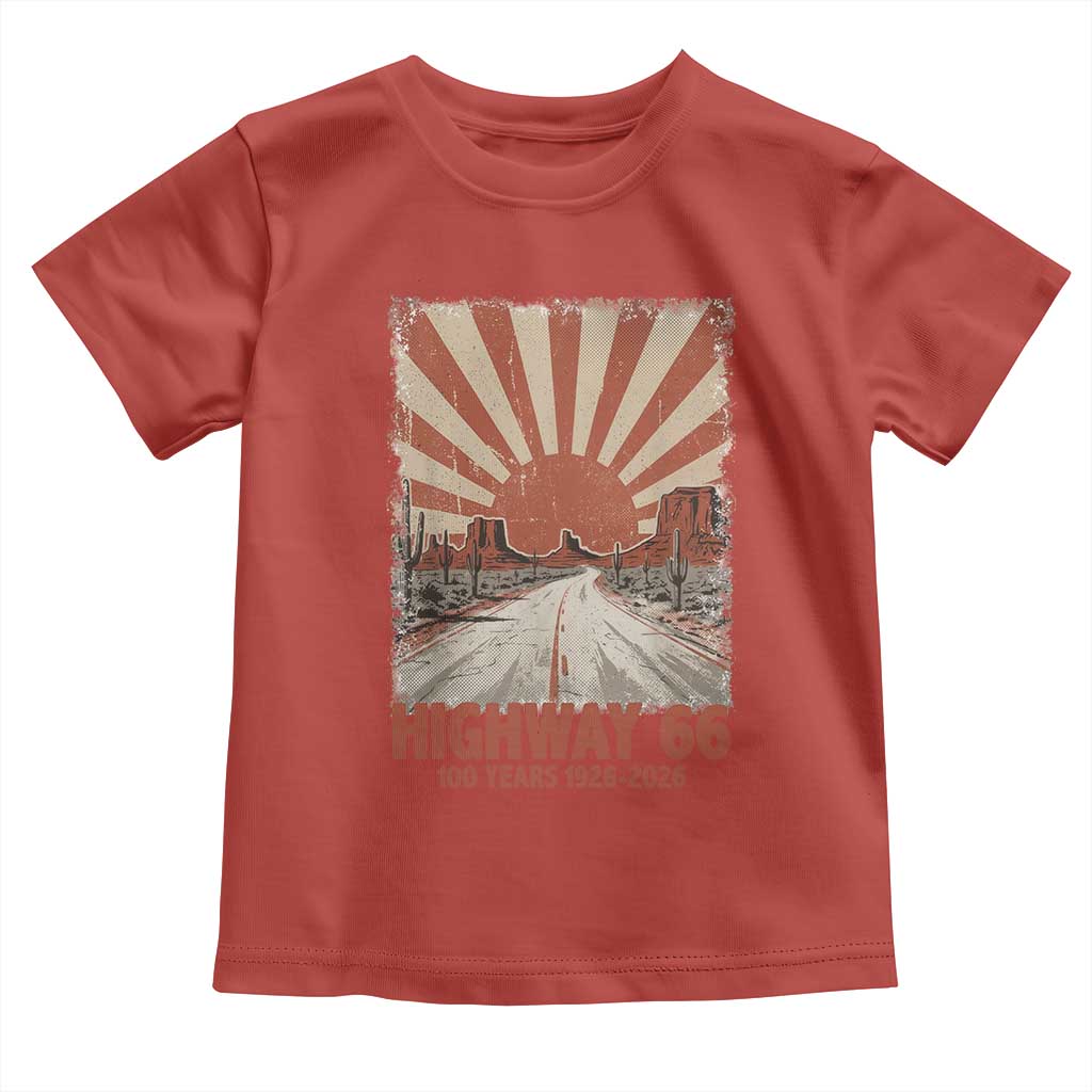 Highway 66 Main Street of America Sunset Horizon Toddler T Shirt Centennial 1926-2026 Retro Desert Sunburst Graphic