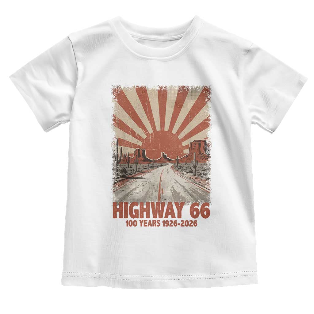 Highway 66 Main Street of America Sunset Horizon Toddler T Shirt Centennial 1926-2026 Retro Desert Sunburst Graphic