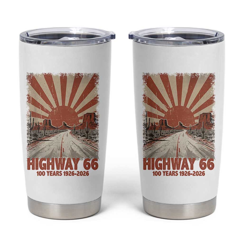 Highway 66 Main Street of America Sunset Horizon Tumbler Cup Centennial 1926-2026 Retro Desert Sunburst Graphic
