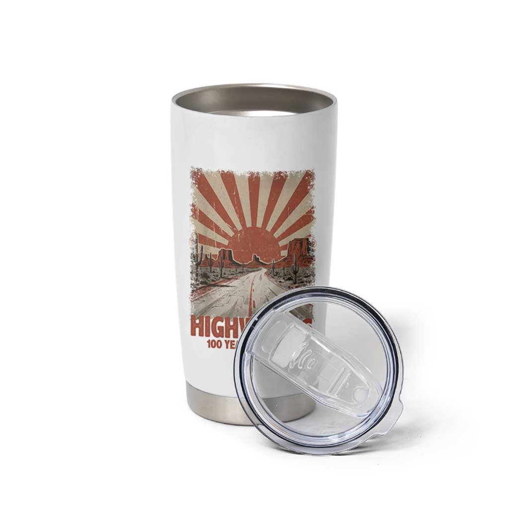 Highway 66 Main Street of America Sunset Horizon Tumbler Cup Centennial 1926-2026 Retro Desert Sunburst Graphic