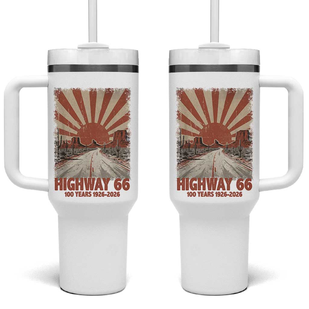 Highway 66 Main Street of America Sunset Horizon Tumbler With Handle Centennial 1926-2026 Retro Desert Sunburst Graphic