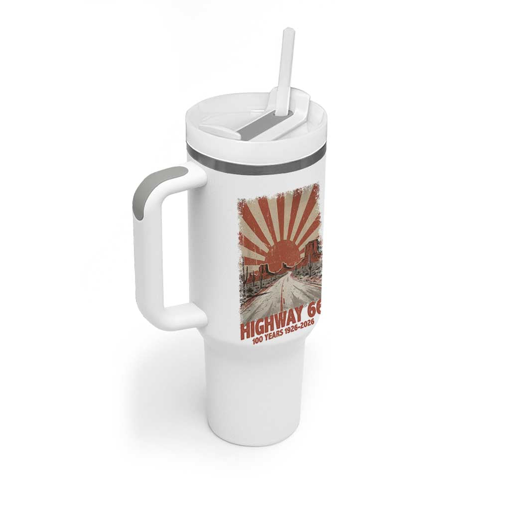 Highway 66 Main Street of America Sunset Horizon Tumbler With Handle Centennial 1926-2026 Retro Desert Sunburst Graphic