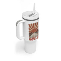 Highway 66 Main Street of America Sunset Horizon Tumbler With Handle Centennial 1926-2026 Retro Desert Sunburst Graphic