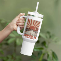 Highway 66 Main Street of America Sunset Horizon Tumbler With Handle Centennial 1926-2026 Retro Desert Sunburst Graphic