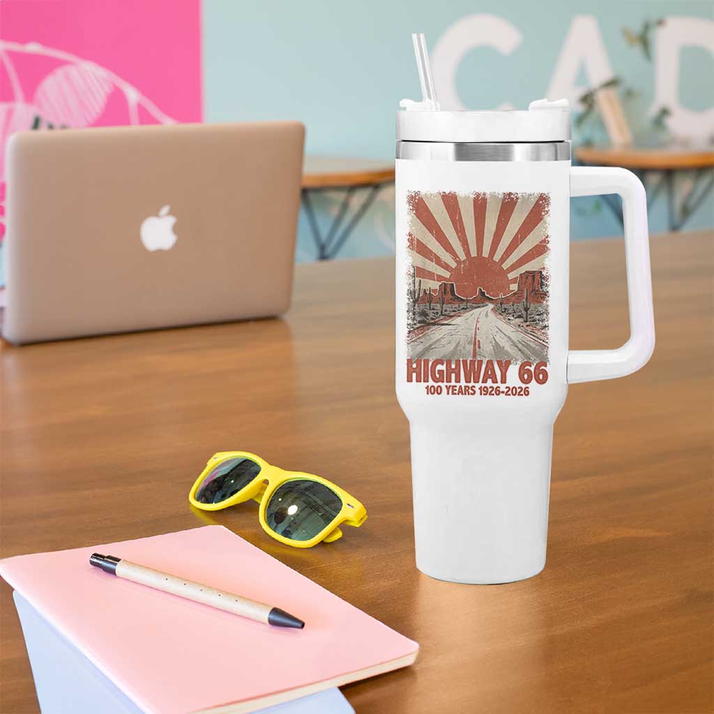 Highway 66 Main Street of America Sunset Horizon Tumbler With Handle Centennial 1926-2026 Retro Desert Sunburst Graphic