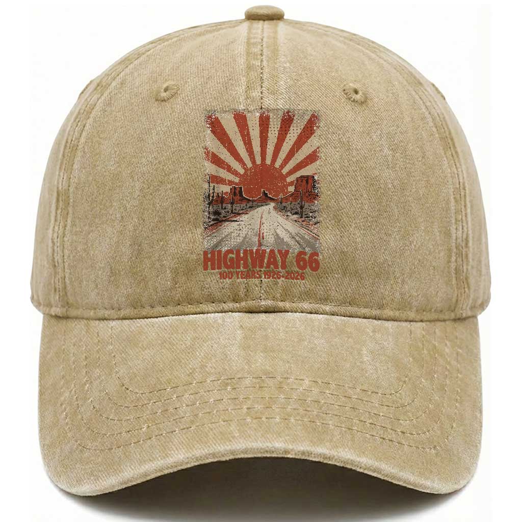 Highway 66 Main Street of America Sunset Horizon Washed Cotton Baseball Cap Centennial 1926-2026 Retro Desert Sunburst Graphic