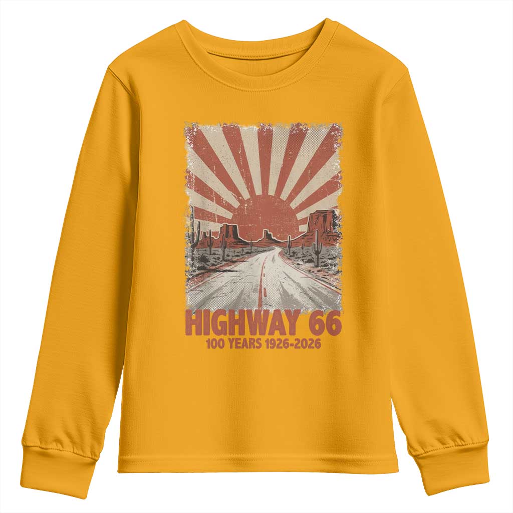 Highway 66 Main Street of America Sunset Horizon Youth Sweatshirt Centennial 1926-2026 Retro Desert Sunburst Graphic