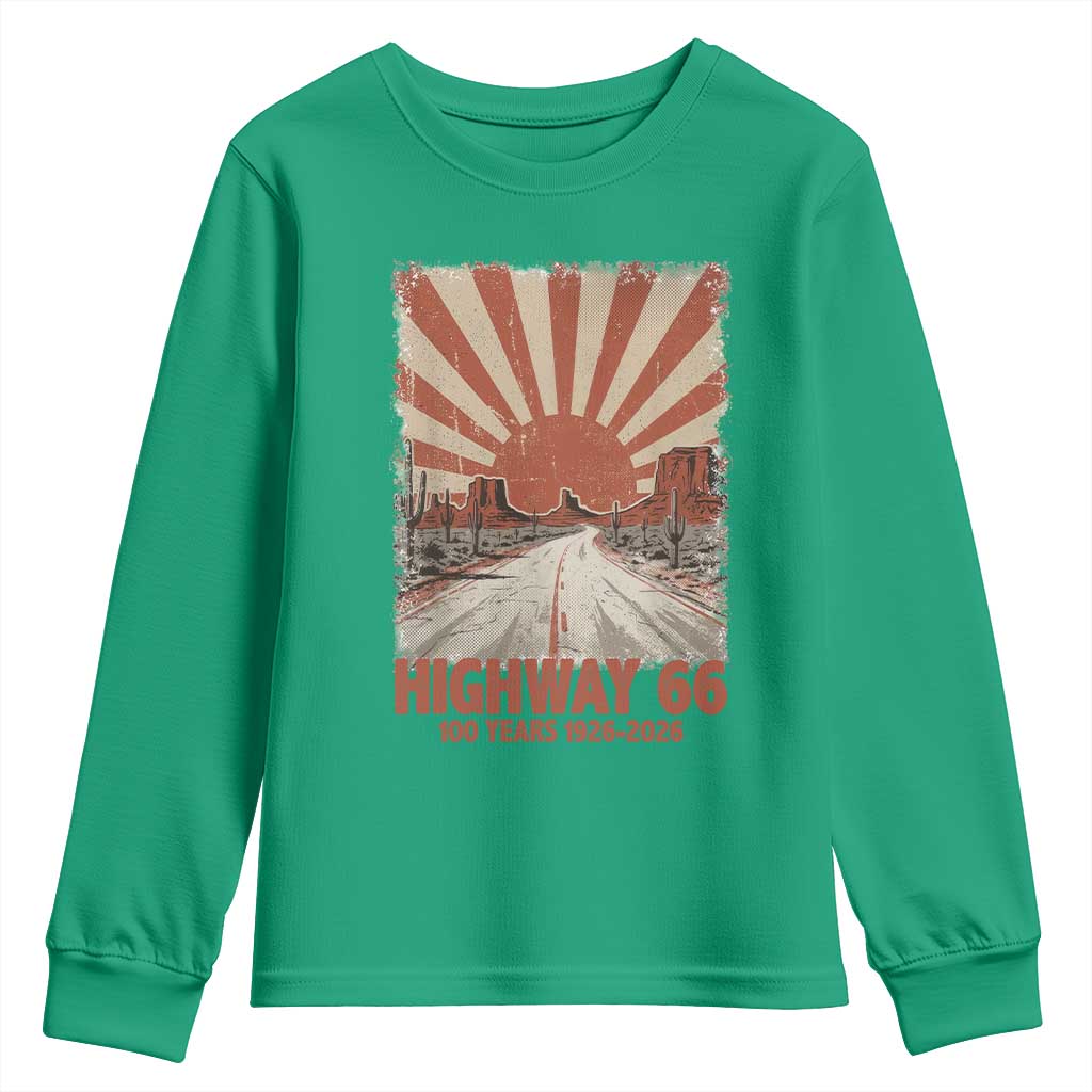 Highway 66 Main Street of America Sunset Horizon Youth Sweatshirt Centennial 1926-2026 Retro Desert Sunburst Graphic