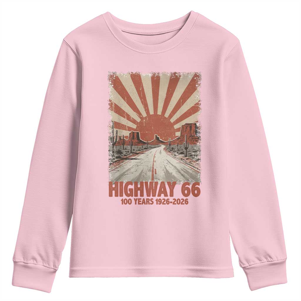 Highway 66 Main Street of America Sunset Horizon Youth Sweatshirt Centennial 1926-2026 Retro Desert Sunburst Graphic