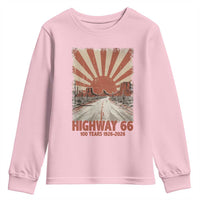 Highway 66 Main Street of America Sunset Horizon Youth Sweatshirt Centennial 1926-2026 Retro Desert Sunburst Graphic