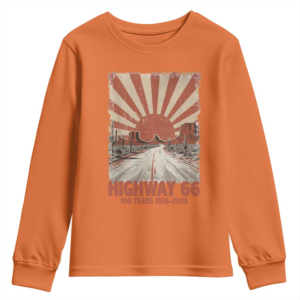 Highway 66 Main Street of America Sunset Horizon Youth Sweatshirt Centennial 1926-2026 Retro Desert Sunburst Graphic