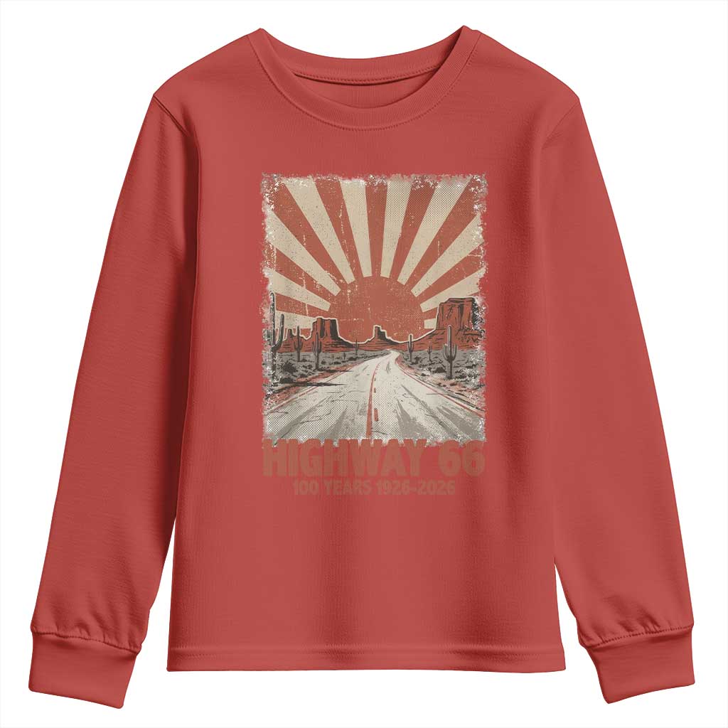 Highway 66 Main Street of America Sunset Horizon Youth Sweatshirt Centennial 1926-2026 Retro Desert Sunburst Graphic