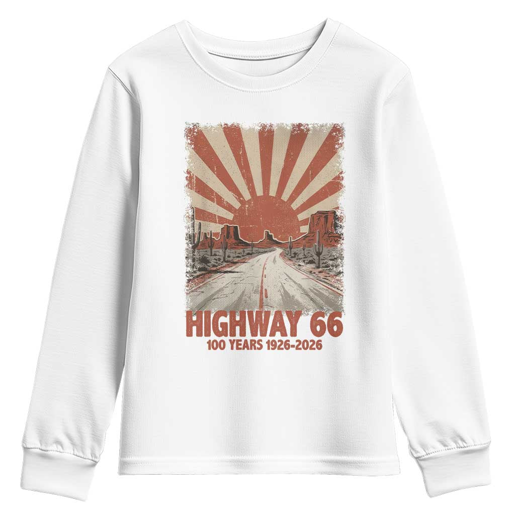 Highway 66 Main Street of America Sunset Horizon Youth Sweatshirt Centennial 1926-2026 Retro Desert Sunburst Graphic