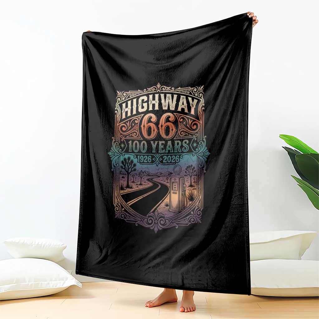 Highway 66 100 Years of the Mother Road Throw Blanket Centennial 1926-2026 Desert Oasis Retro Rainbow Graphic