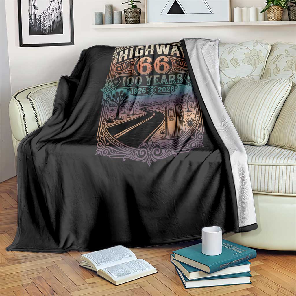 Highway 66 100 Years of the Mother Road Throw Blanket Centennial 1926-2026 Desert Oasis Retro Rainbow Graphic