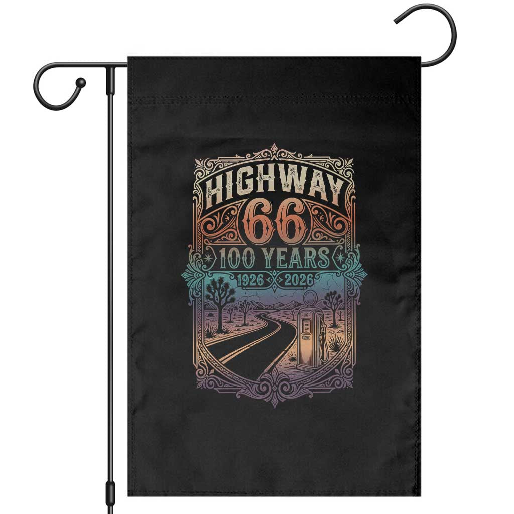 Highway 66 100 Years of the Mother Road Garden Flag Centennial 1926-2026 Desert Oasis Retro Rainbow Graphic